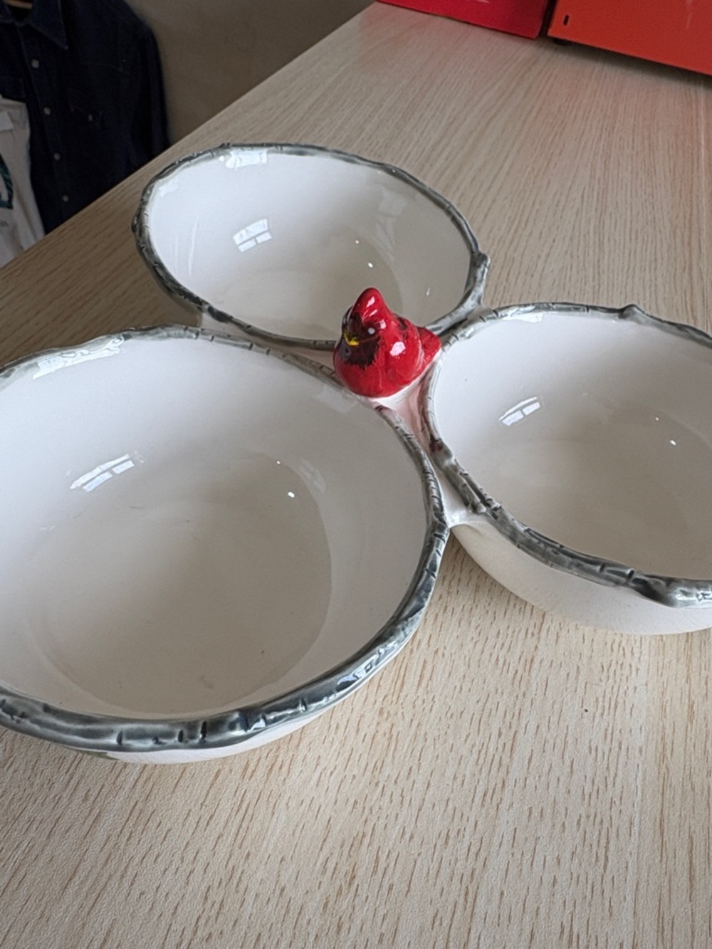 Ceramic Triple Snack Dish with Red Bird Accent